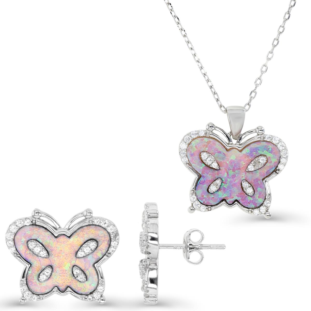Sterling Silver Rhodium & Created Pink Opal and White CZ Butterfly Stud Earrings and Necklace Set