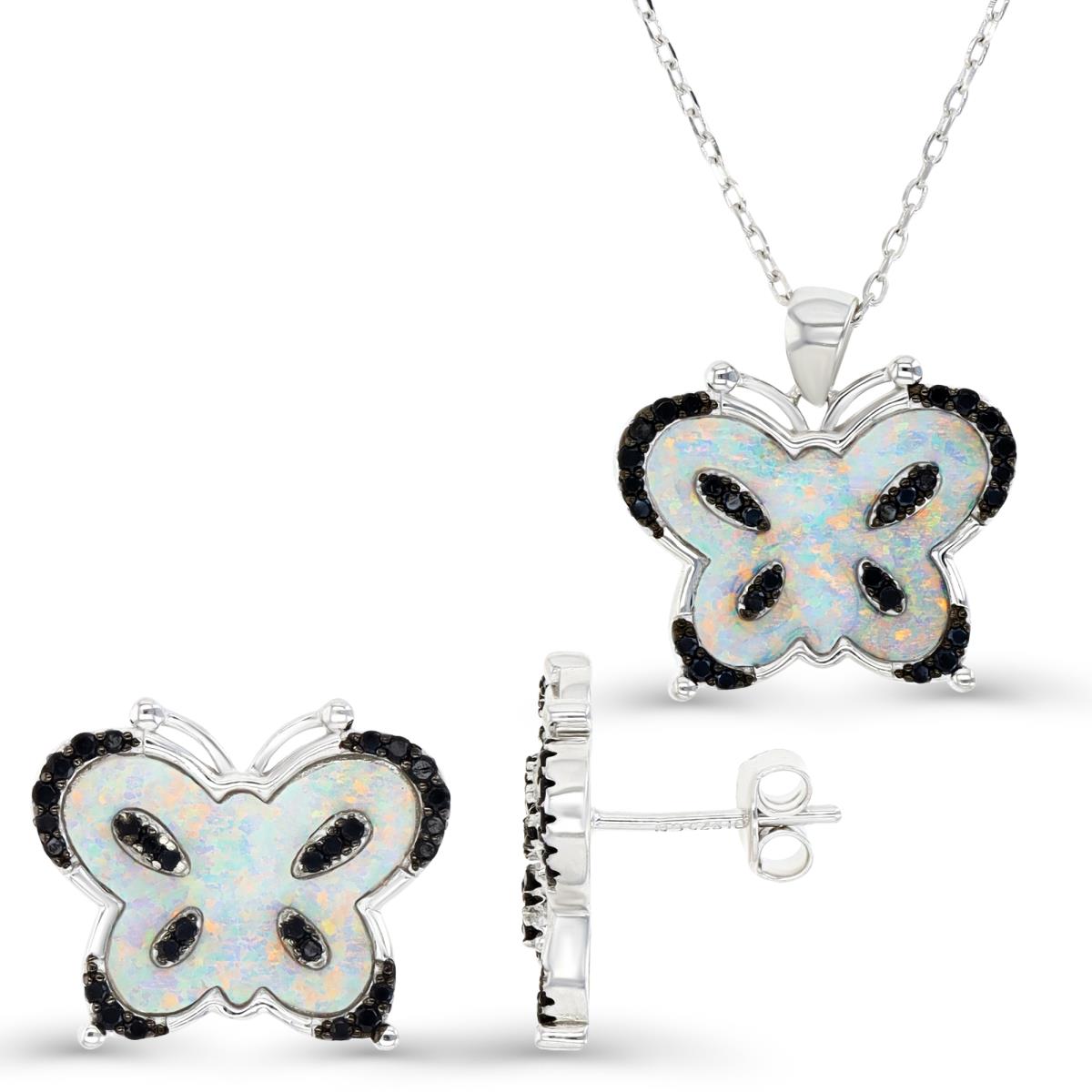 Sterling Silver Rhodium and Black & Created White Opal and Black Spinel Butterfly Stud Earrings and Necklace Set