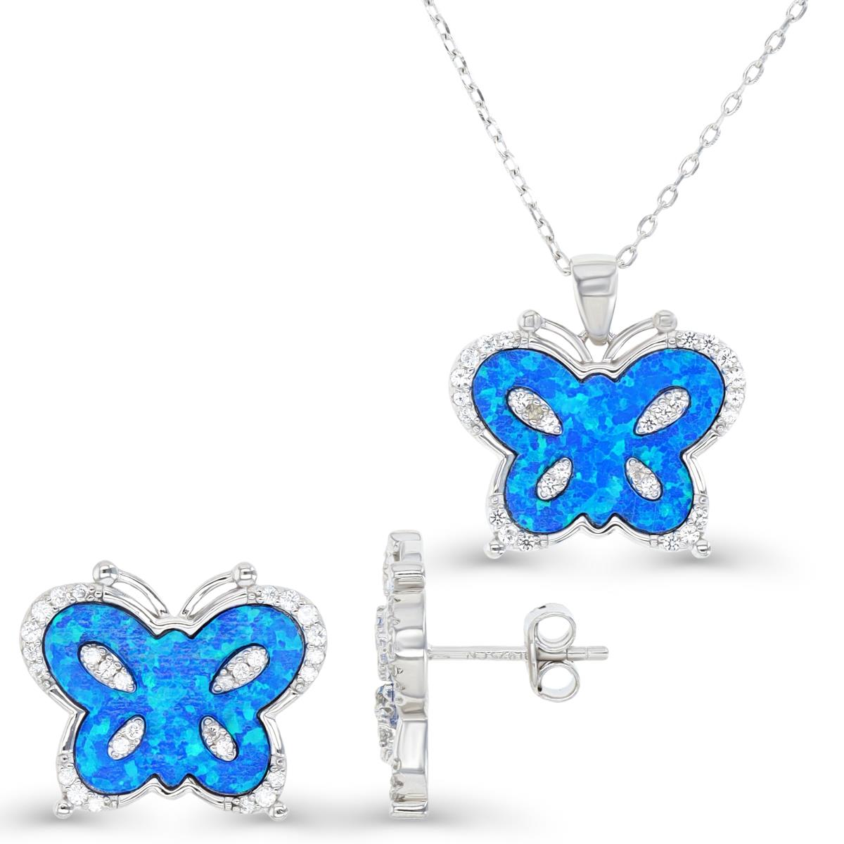 Sterling Silver Rhodium & Created Blue Opal and Cr. White Sapphire Butterfly Stud Earrings and Necklace Set