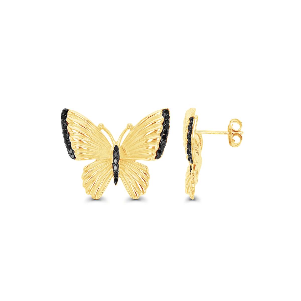 Sterling Silver Yellow & Black Textured Butterfly Black CZ Stud Earring