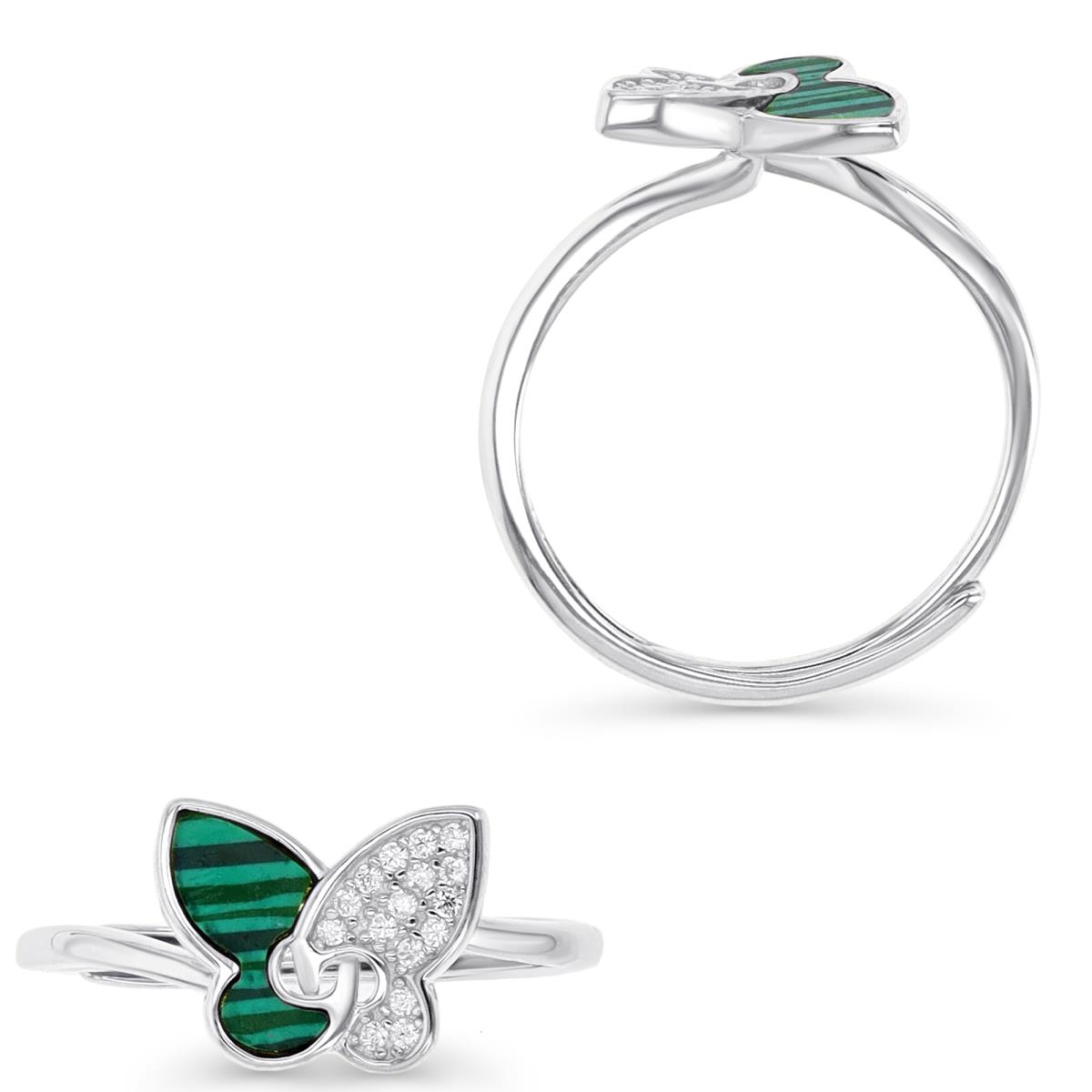 Sterling Silver Rhodium & Simulated Malachite and White CZ Butterfly Adjustable Ring