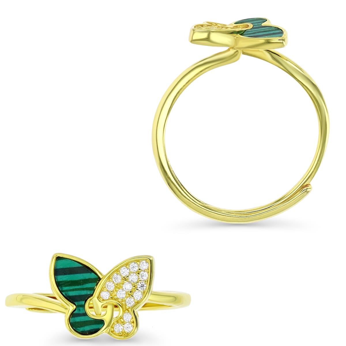 Sterling Silver Yellow 1M & Simulated Malachite and White CZ Butterfly Adjustable Ring