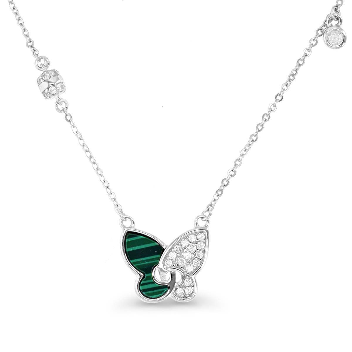 Sterling Silver Rhodium & Simulated Malachite and White CZ Butterfly Cylinder and Dangle Bead 18+2" Necklace