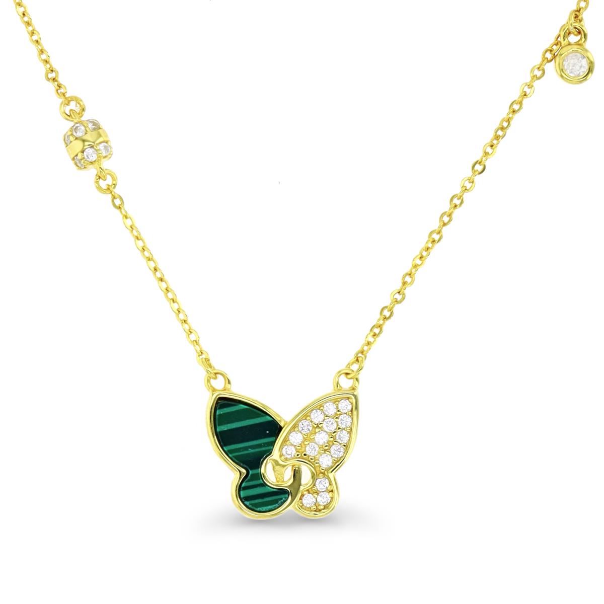 Sterling Silver Yellow & Simulated Malachite and White CZ Butterfly Cylinder and Dangle Bead 18+2" Necklace