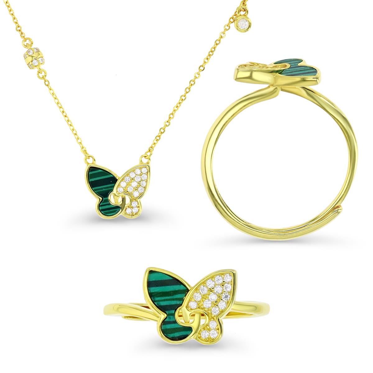 Sterling Silver Yellow 1M & Malachite and White CZ Butterfly and  Bead Ring and 18+2" Necklace Set