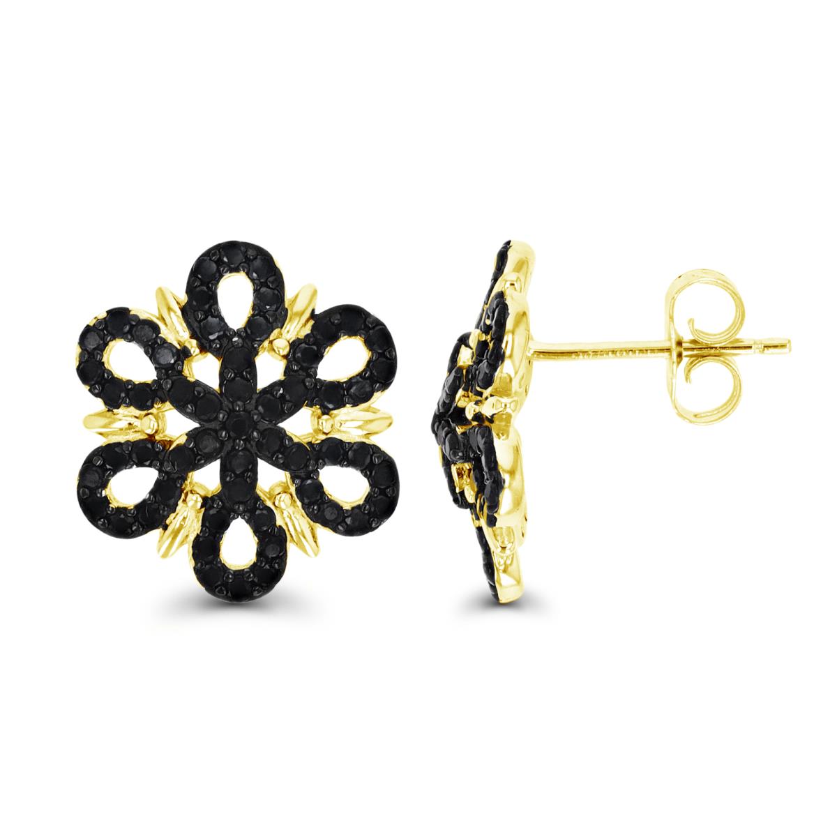 Sterling Silver Yellow & Black 16MM Pave Black CZ Flower Stud Earring