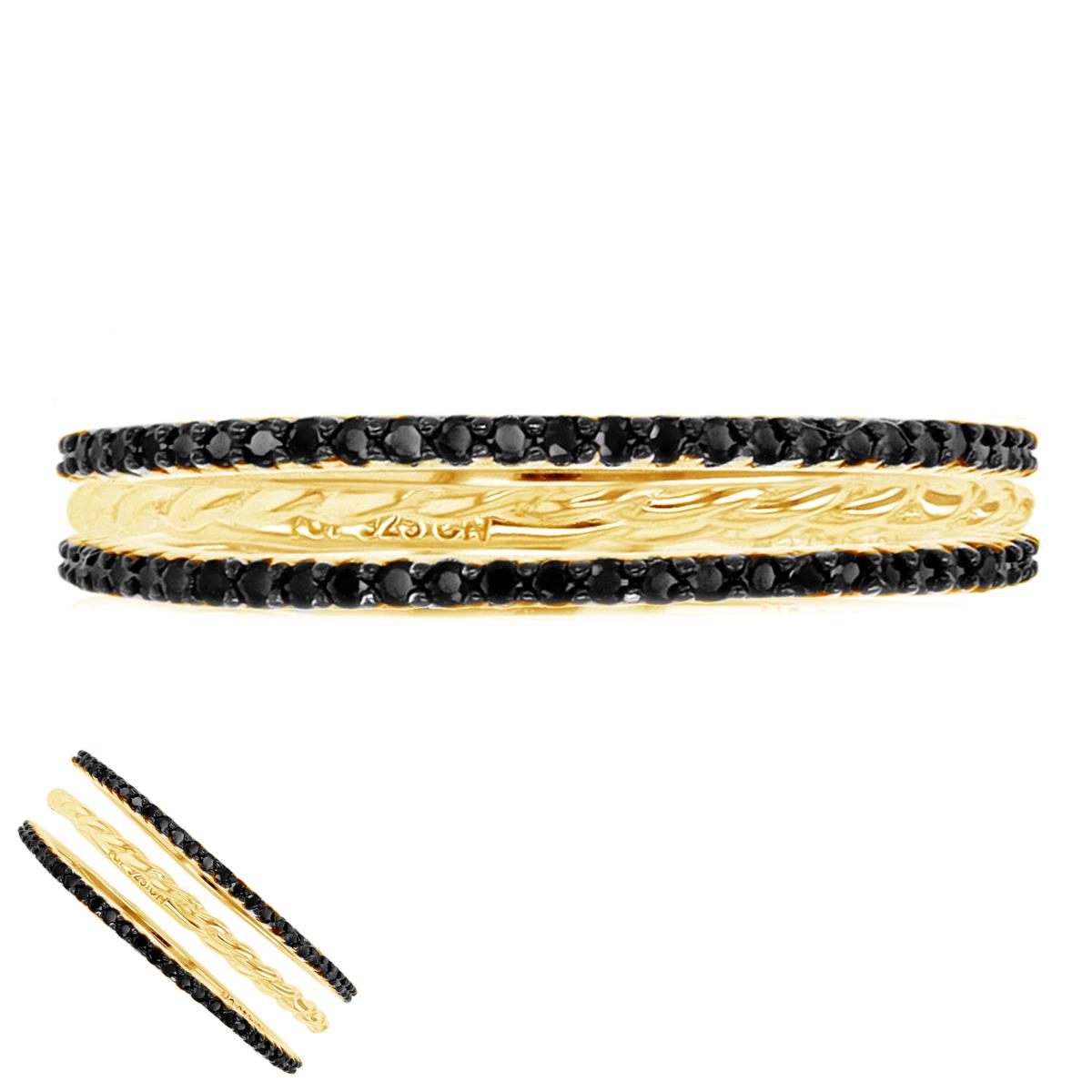 Sterling Silver Yellow & Black/ Black CZ  Pave Rope  Trio  Ring