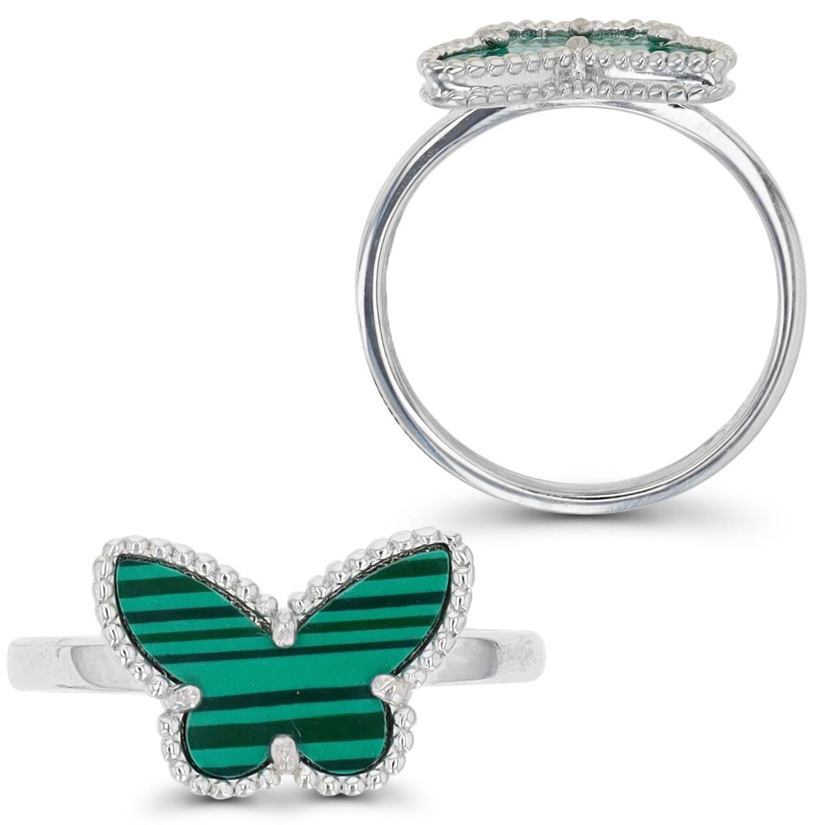 Sterling Silver Rhodium & Simulated Malachaite Butterfly Ring