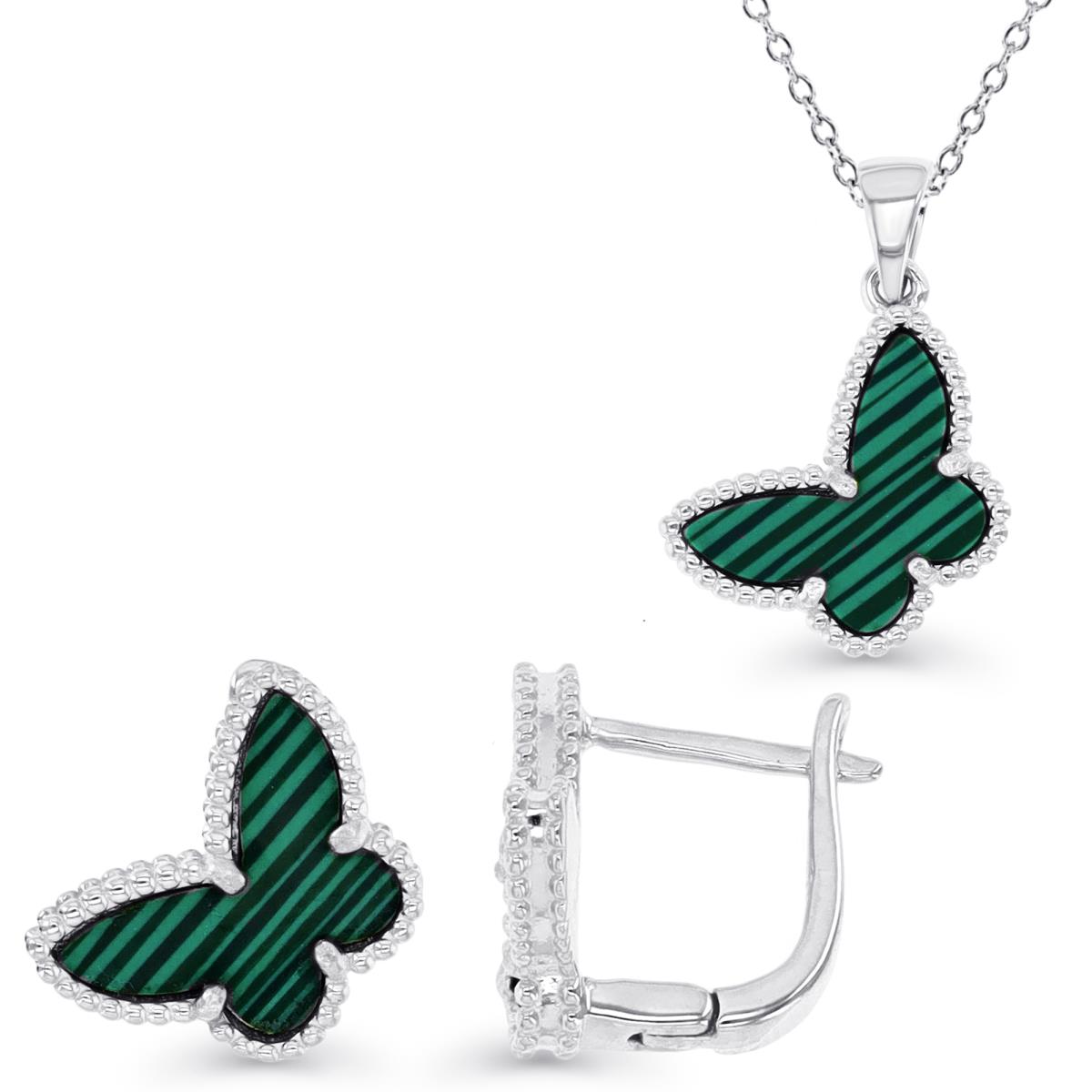 Sterling Silver Rhodium & Malachaite Butterfly Earrings and Necklace Set