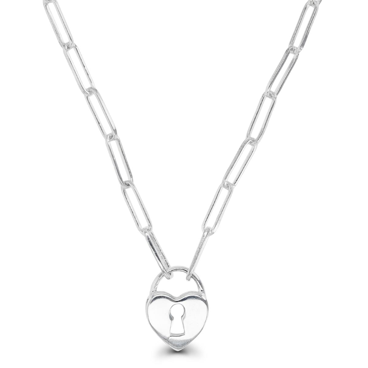 Sterling Silver Anti-Tarnish 11X3MM Polished Paperclip Heart Shape Lock Dangling 20'' Necklace