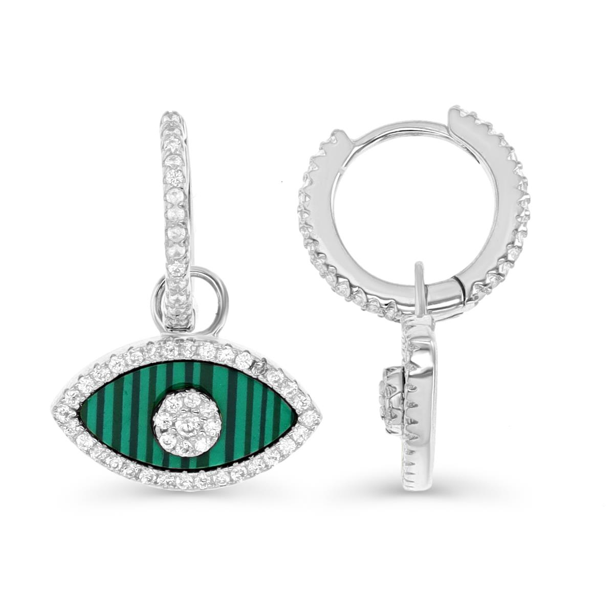 Sterling Silver Rhodium & Simulated  Malachite and White CZ Evil Eye Huggie Dangling Earring