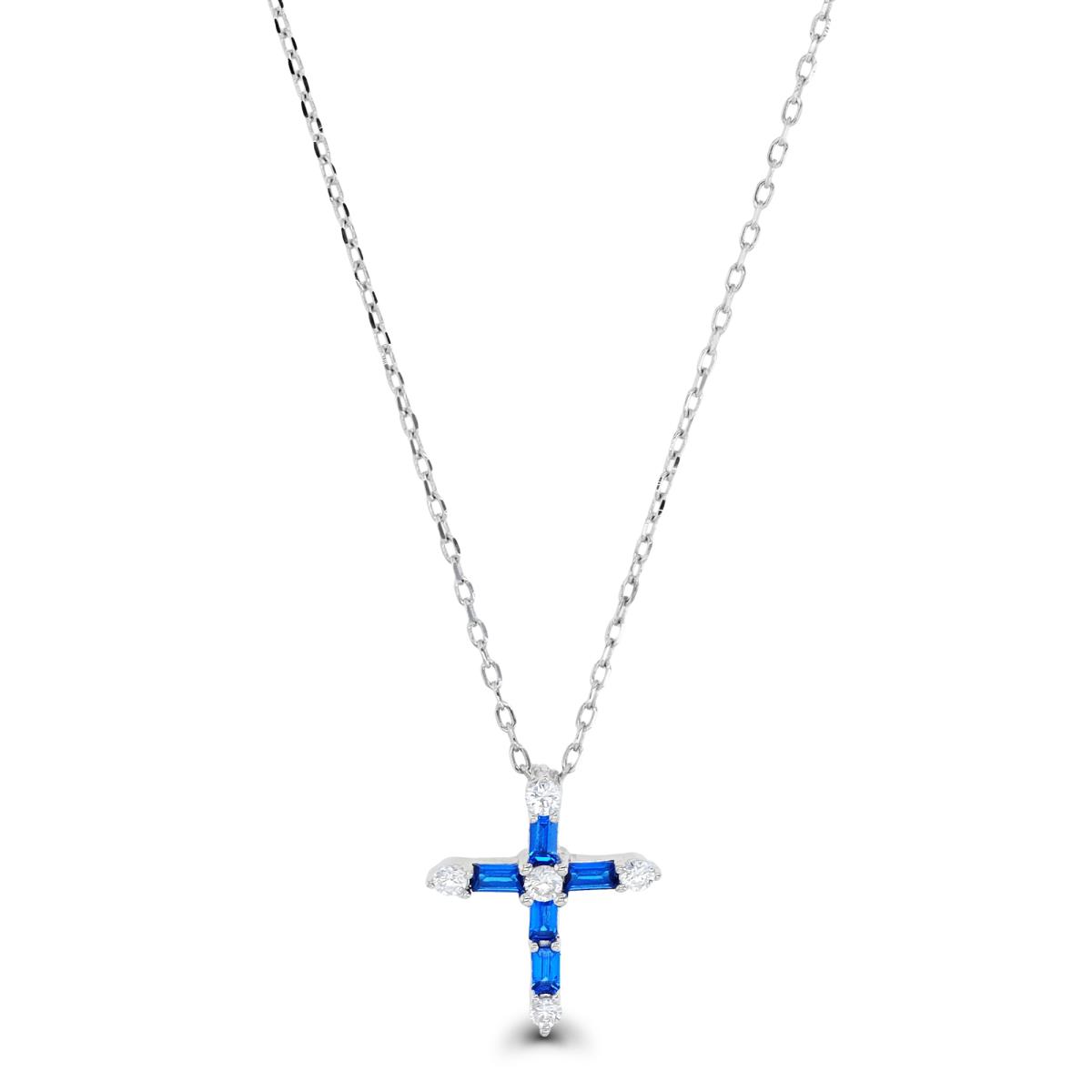 Sterling Silver Rhodium 15X12MM Polished Rd & ST Baguette White CZ Dangling Cross 16''+2'' Necklace