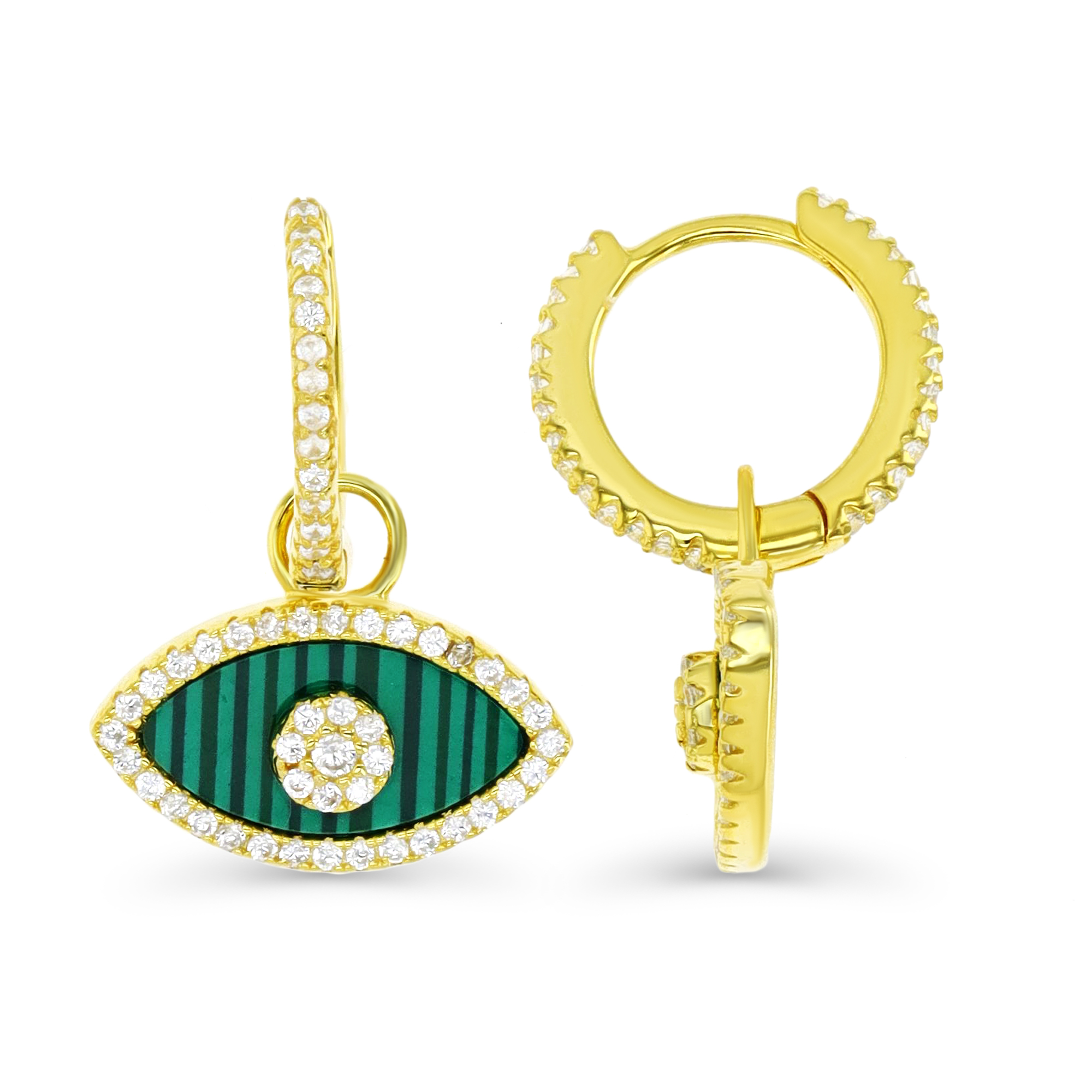 Sterling Silver Yellow & Simulated Malachite and White CZ Evil Eye Huggie Dangling Earring