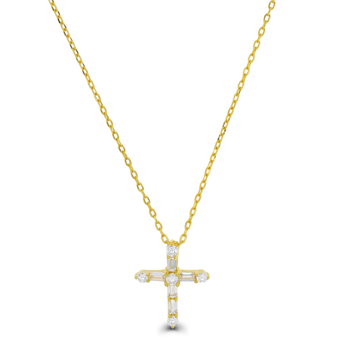 Sterling Silver Yellow 15X12MM Polished Rd & ST Baguette White CZ Dangling Cross 16''+2'' Necklace
