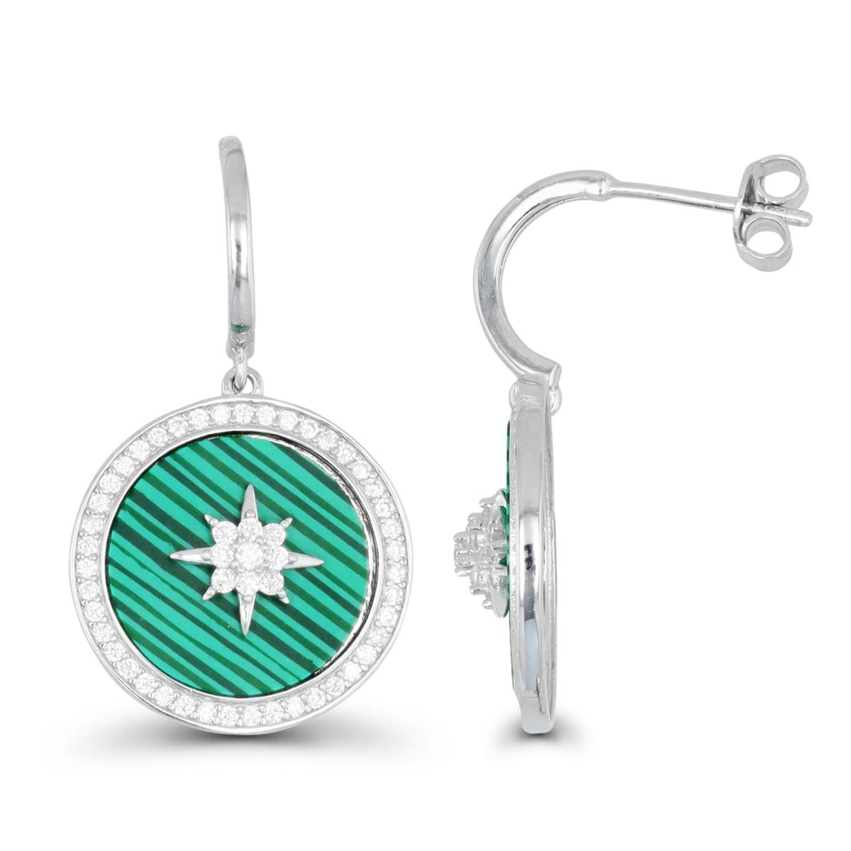 Sterling Silver Rhodium & Simulated Malachite and White CZ Disc Starburst Dangling Earring