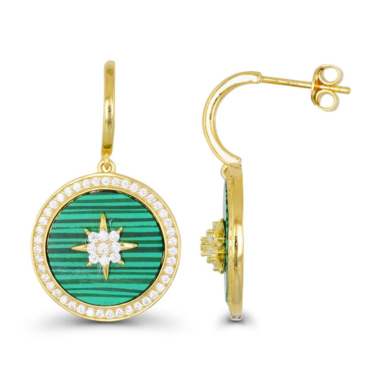 Sterling Silver Yellow & Simulated Malachite and White CZ Disc Starburst Dangling Earring