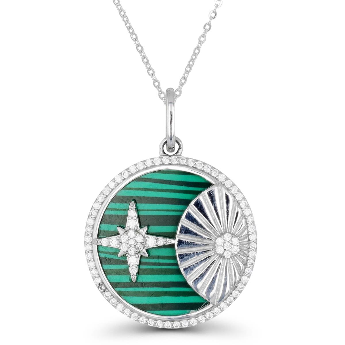 Sterling Silver Rhodium & Simulated Malachite and White CZ Disc Starburst 18" Necklace