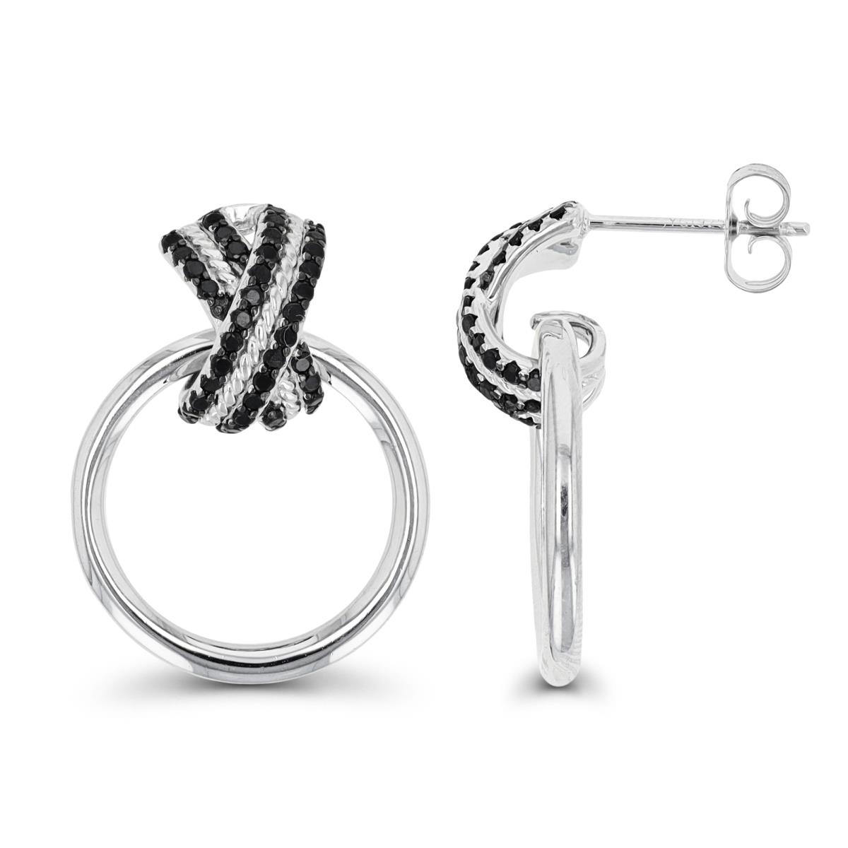 Sterling Silver Rhodium & Black  26X19MM Polished Black Spinel Pave Criss Cross Dangling Circle Earring