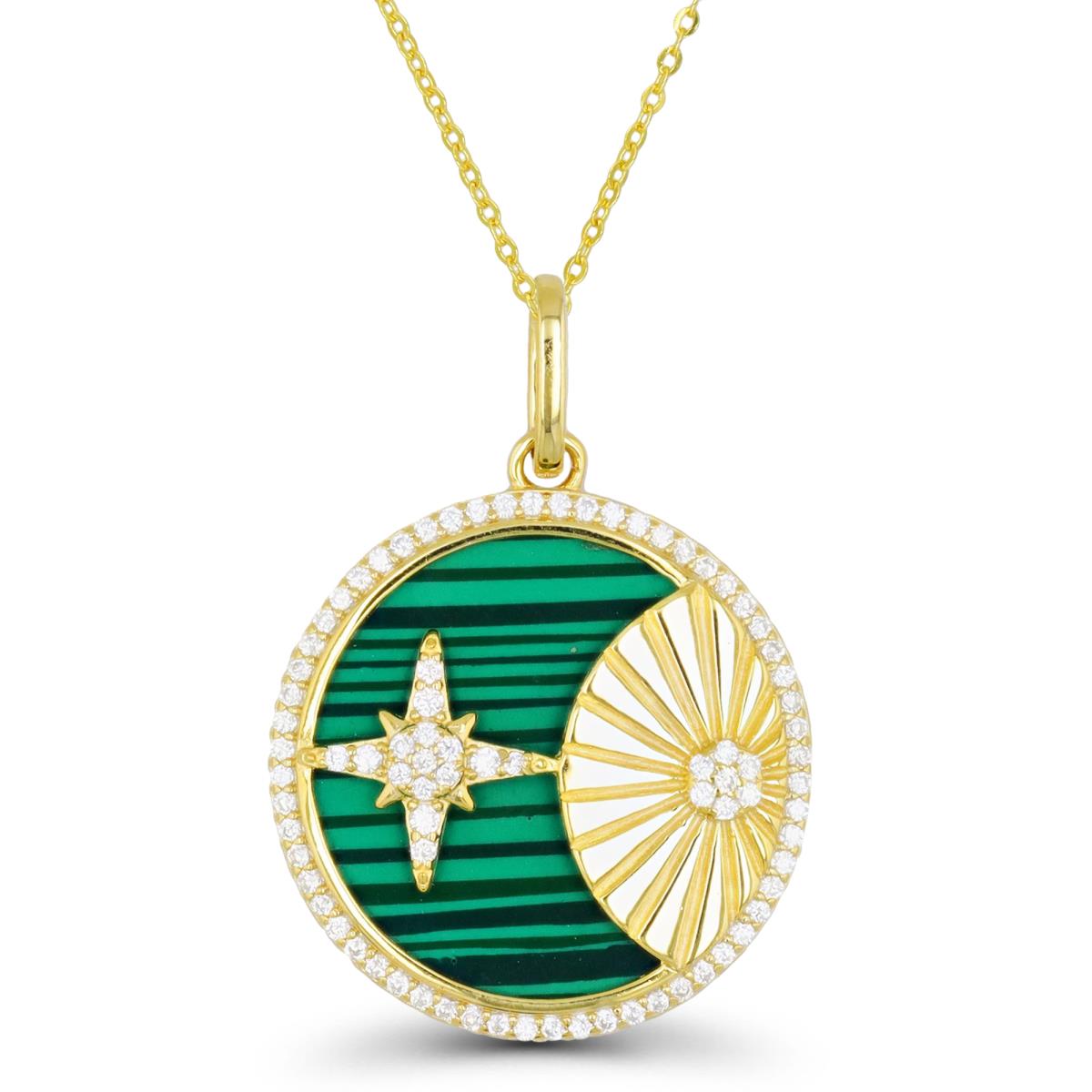 Sterling Silver Yellow & Simulated Malachite and White CZ Disc Starburst 18" Necklace
