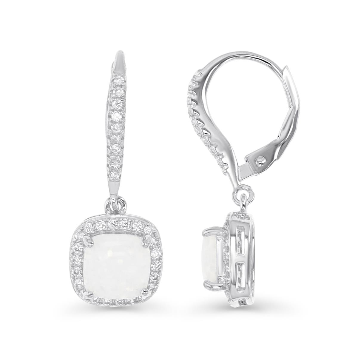 Sterling Silver Rhodium & CU Ct. Cr. White Opal and White CZ Lever Back Drop Earring