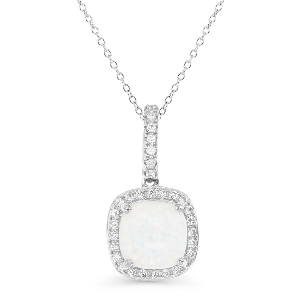 Sterling Silver Rhodium & CU Ct. Cr. White Opal and White CZ Halo 18" Necklace