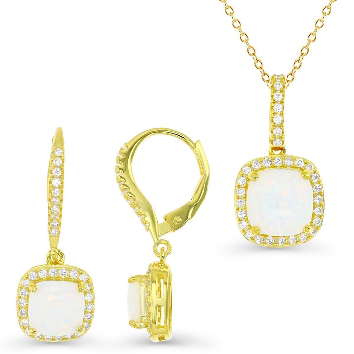 Sterling Silver Yellow 1M & CU Ct. Cr. White Opal and White CZ Halo Earring and Necklace Set