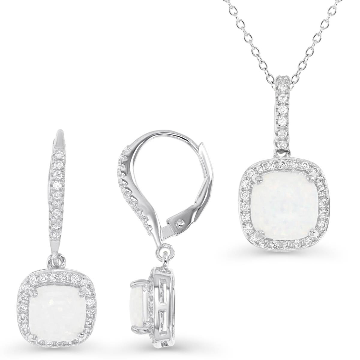 Sterling Silver Rhodium & CU Ct. Cr. White Opal and Cr. White Sapphire Halo Earring and Necklace Set