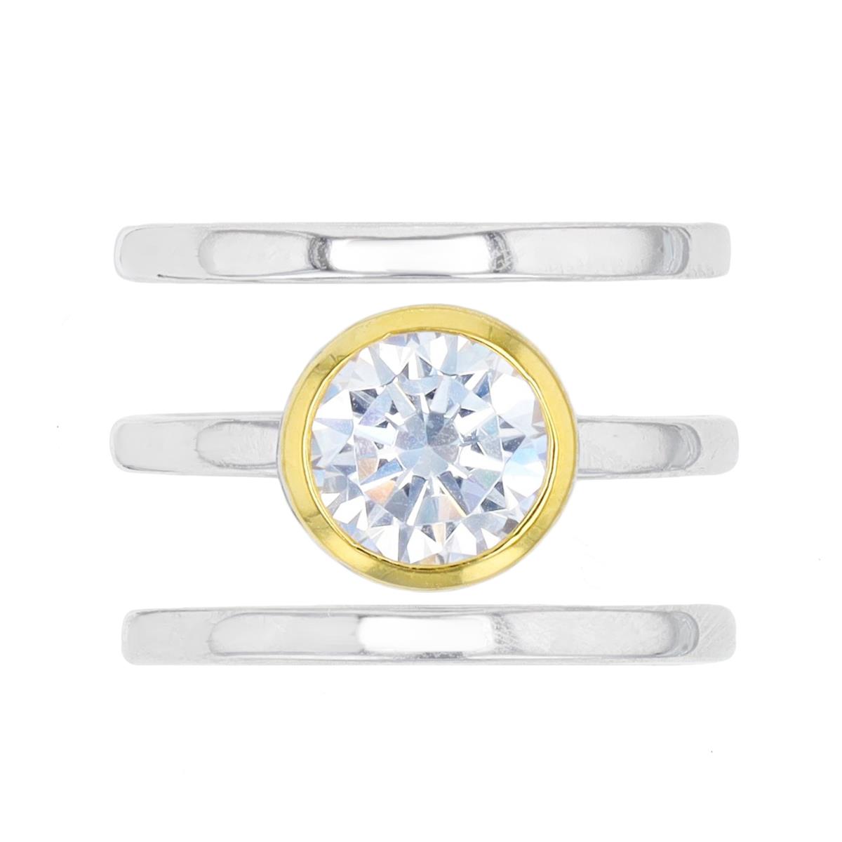 Sterling Silver Rhodium & Yellow 1M Bezel 8MM Polished Rd White CZ Solitaire Trio Ring