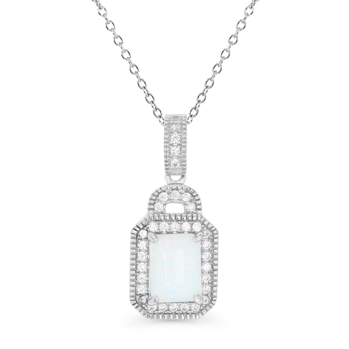 Sterling Silver Rhodium & CU Ct. Cr. White Opal and White CZ Halo 18" Necklace