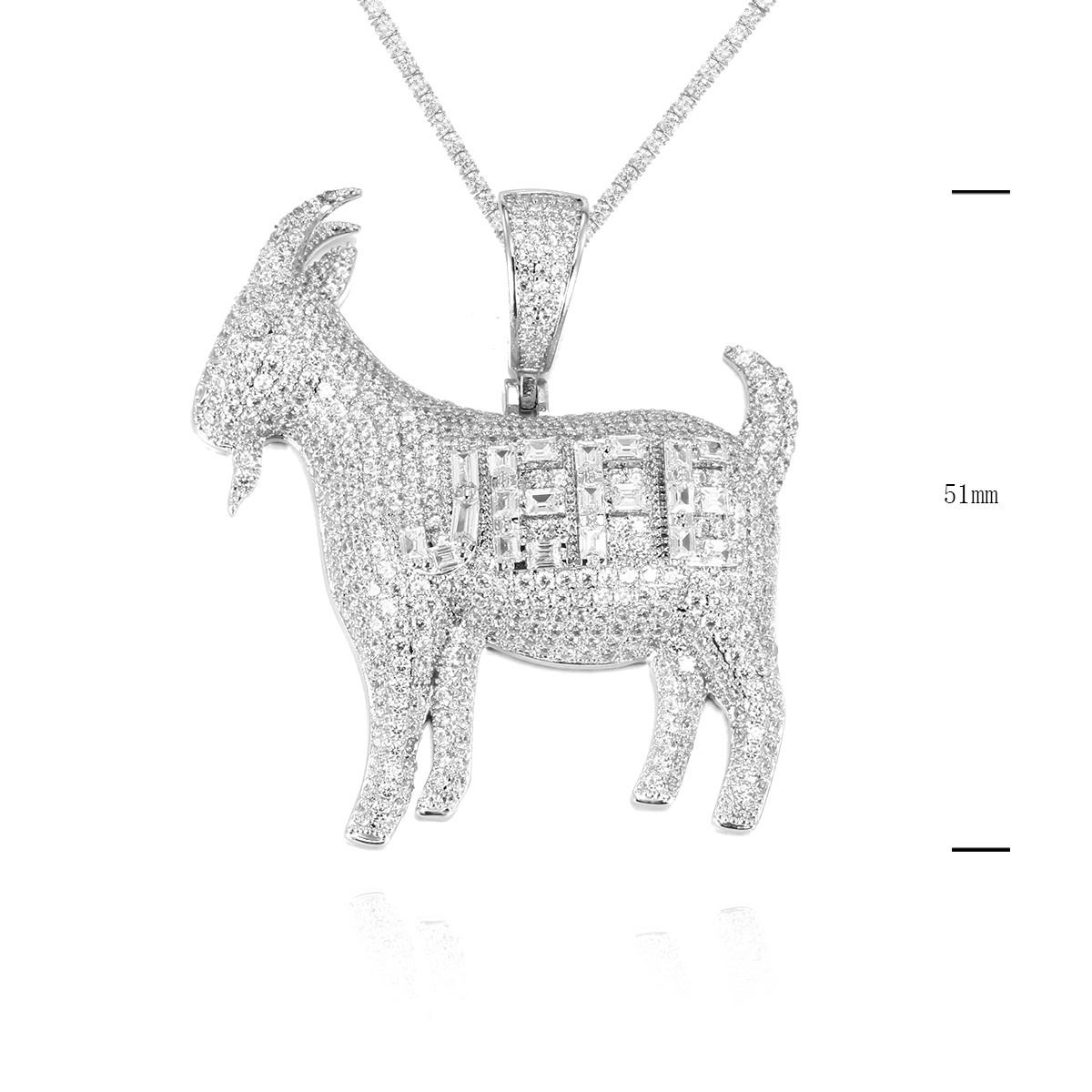 Sterling Silver Rhodium Polished White CZ 51MM Goat Dangling Pendant