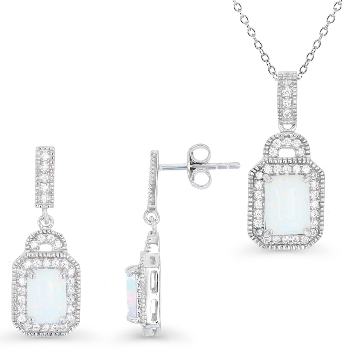 Sterling Silver Rhodium & CU Ct. Cr. White Opal and White CZ Halo Drop Earrings and Necklace Set
