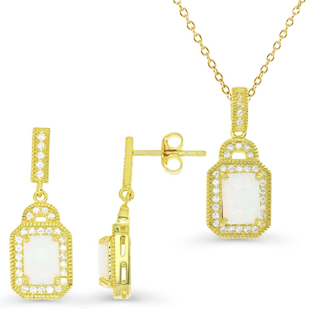 Sterling Silver Yellow & CU Ct. Cr. White Opal and White CZ Halo Drop Earrings and Necklace Set