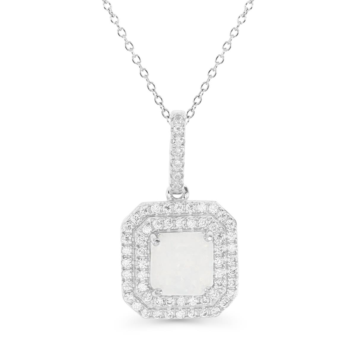 Sterling Silver Rhodium & CU Ct. Cr. White Opal and Cr. White Sapphire Halo 18" Necklace