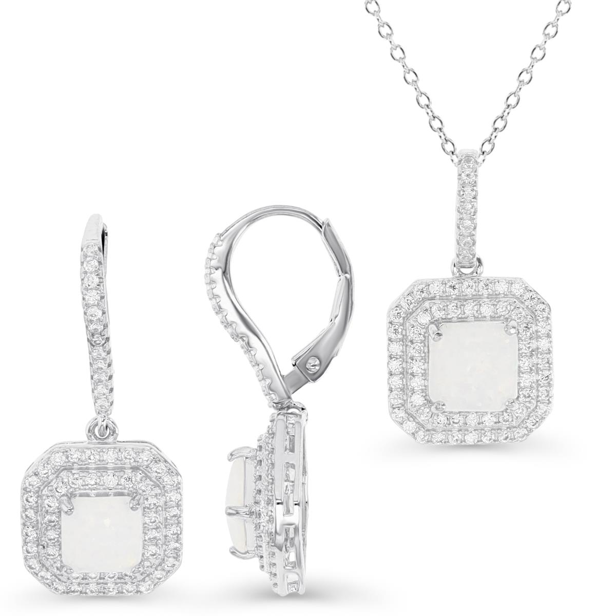 Sterling Silver Rhodium & CU Ct. Cr. White Opal and White CZ Halo Earrings and 18" Necklace Set