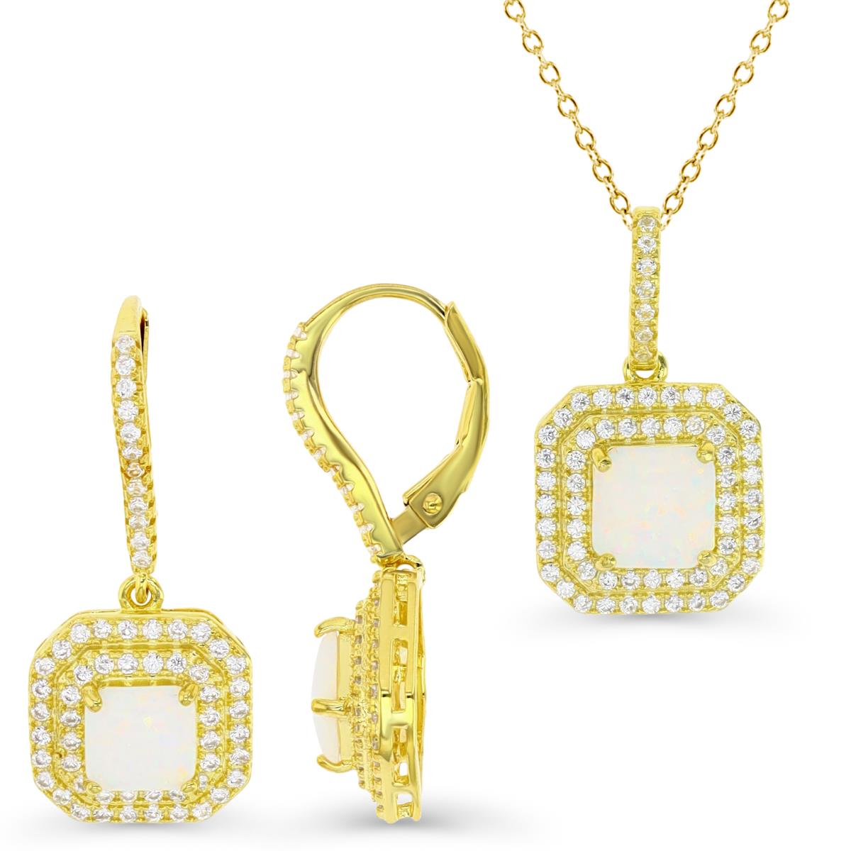 Sterling Silver Yellow & CU Ct. Cr. White Opal and White CZ Halo Earrings and 18" Necklace Set