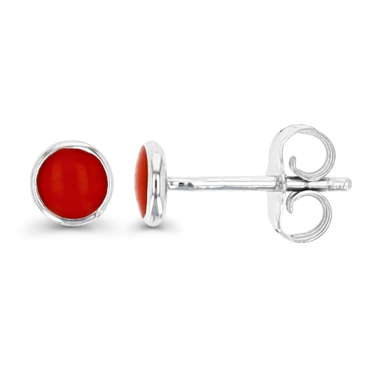 Sterling Silver Rhodium 5MM Red Enamel Button Stud Earring