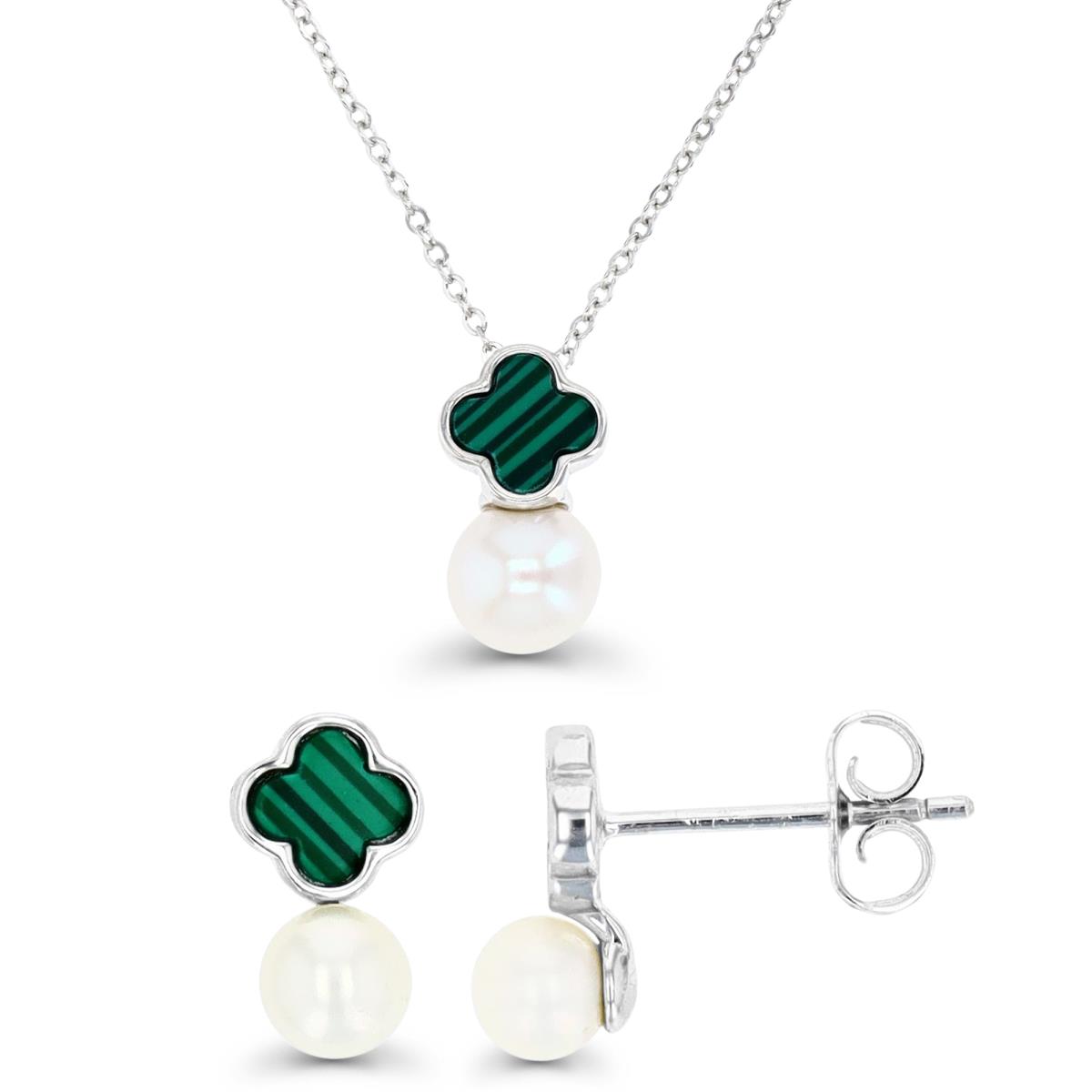 Sterling Silver Rhodium & Malachite and Fresh Water Pearl Stud Earrings and Necklace Set
