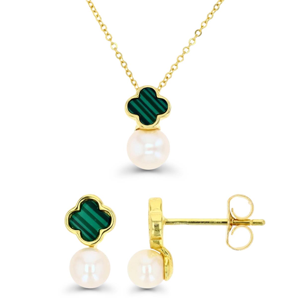 Sterling Silver Yellow & Malachite and Fresh Water Pearl Stud Earrings and Necklace Set