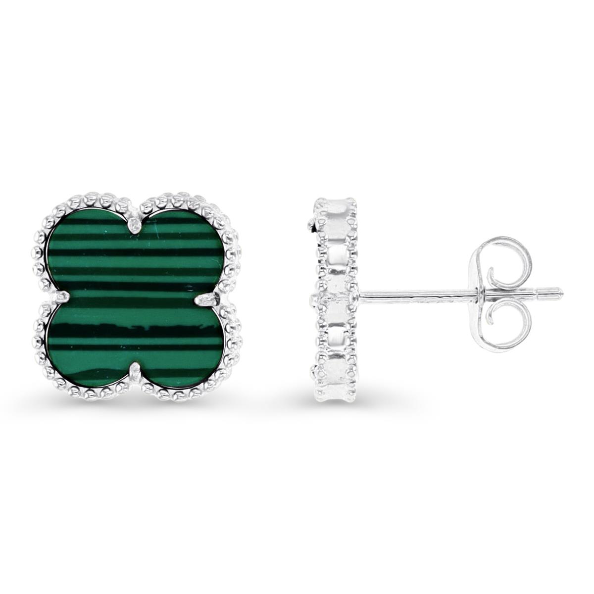 Sterling Silver Rhodium & Simulated Malachite 13.5MM Clover Stud Earring