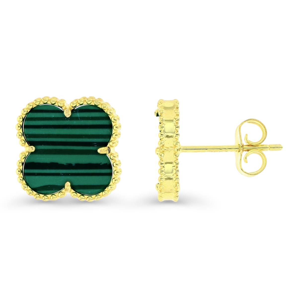 Sterling Silver Yellow 1M & Simulated Malachite 13.5MM Clover Stud Earring