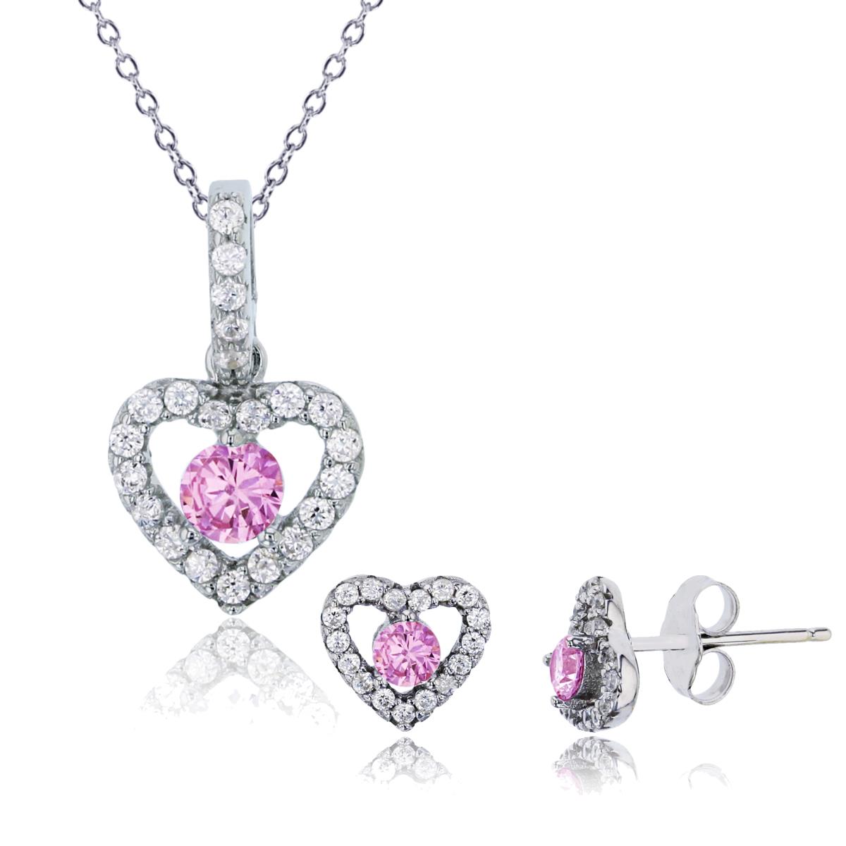 Sterling Silver Rhodium 8X9;3.50MM Pink & White CZ Rd Cut Center Heart 13''+2''Necklacd & Earring Set