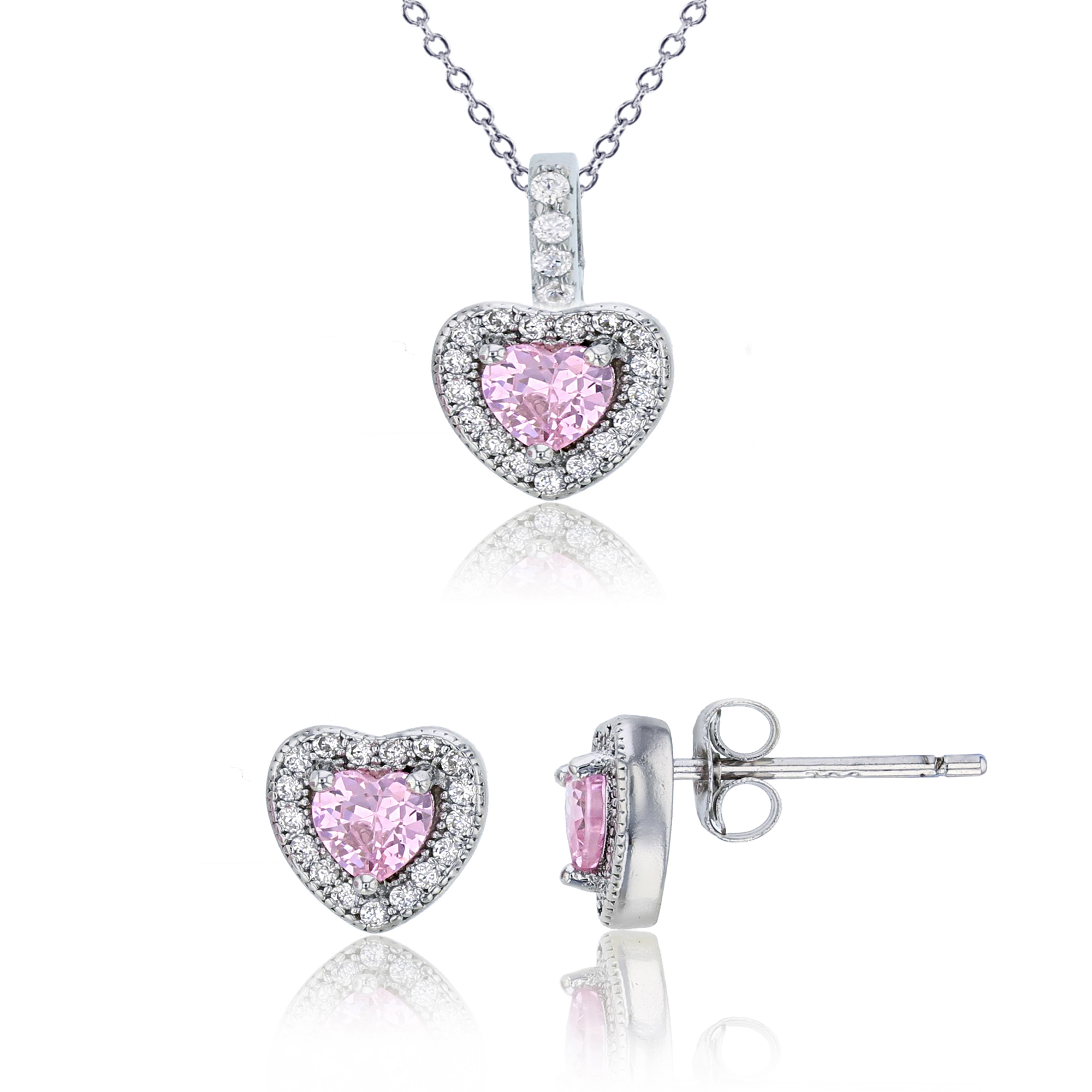 Sterling Silver Rhodium 8X7.5;4MM Pink HS & White CZ 13''+2'' Necklace & Earring Set 