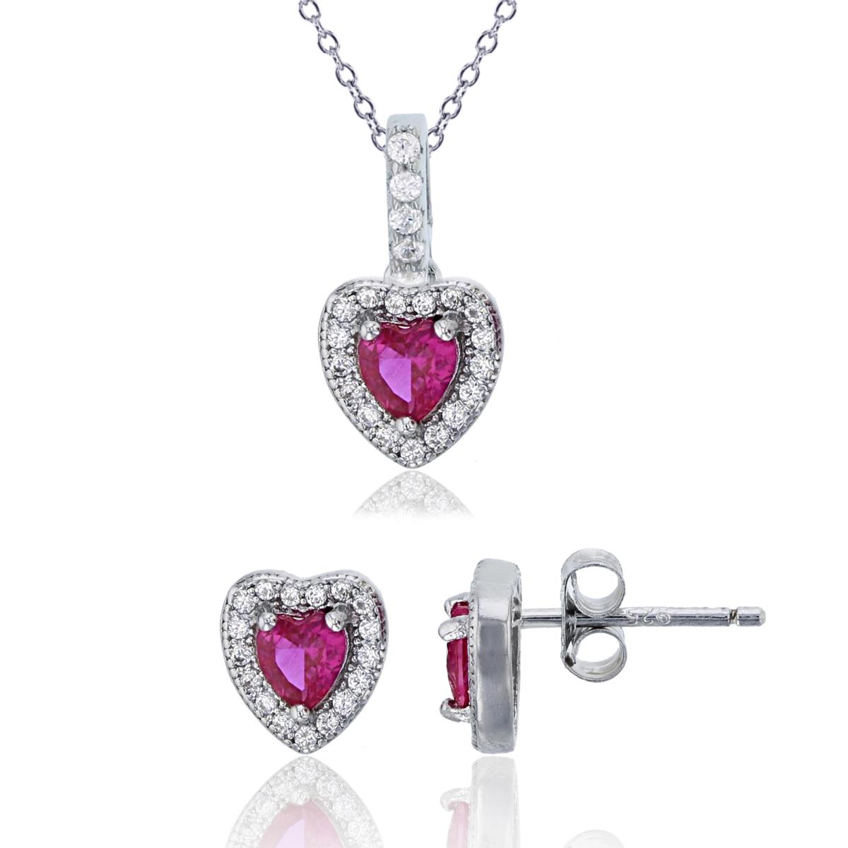 Sterling Silver Rhodium 8X7.5;4MM Ruby HS & White CZ 13''+2'' Necklace & Earring Set 