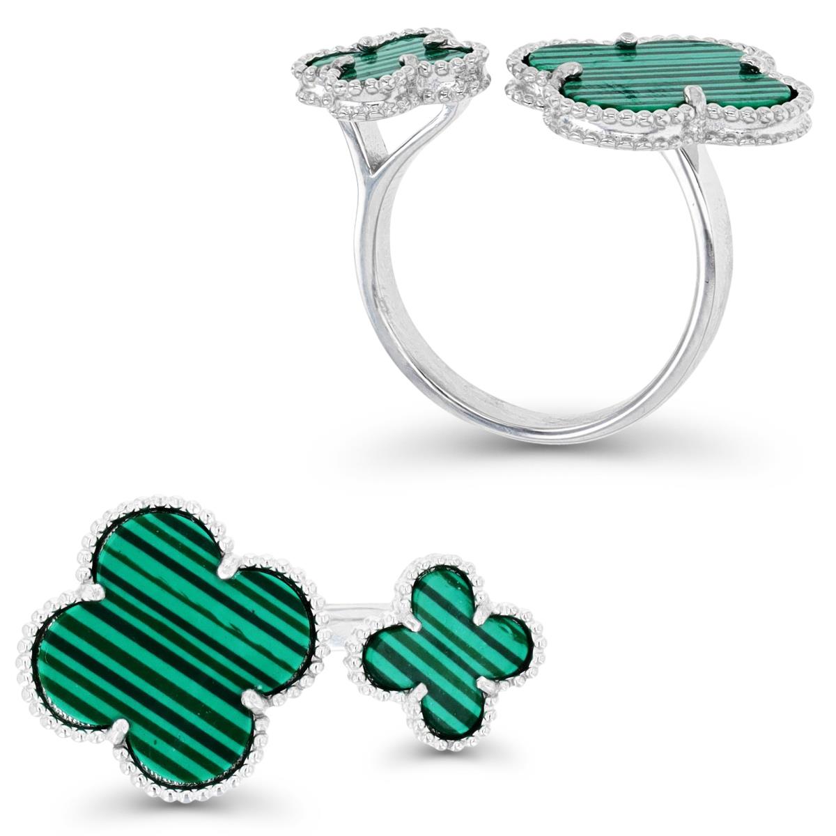 Sterling Silver Rhodium & Simulated Malachite 16MM and 10MM Clover Open Ring