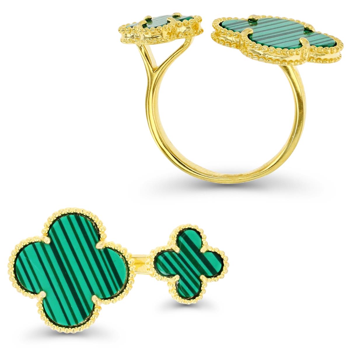 Sterling Silver Yellow 1M & Simulated Malachite 16MM and 10MM Clover Open Ring