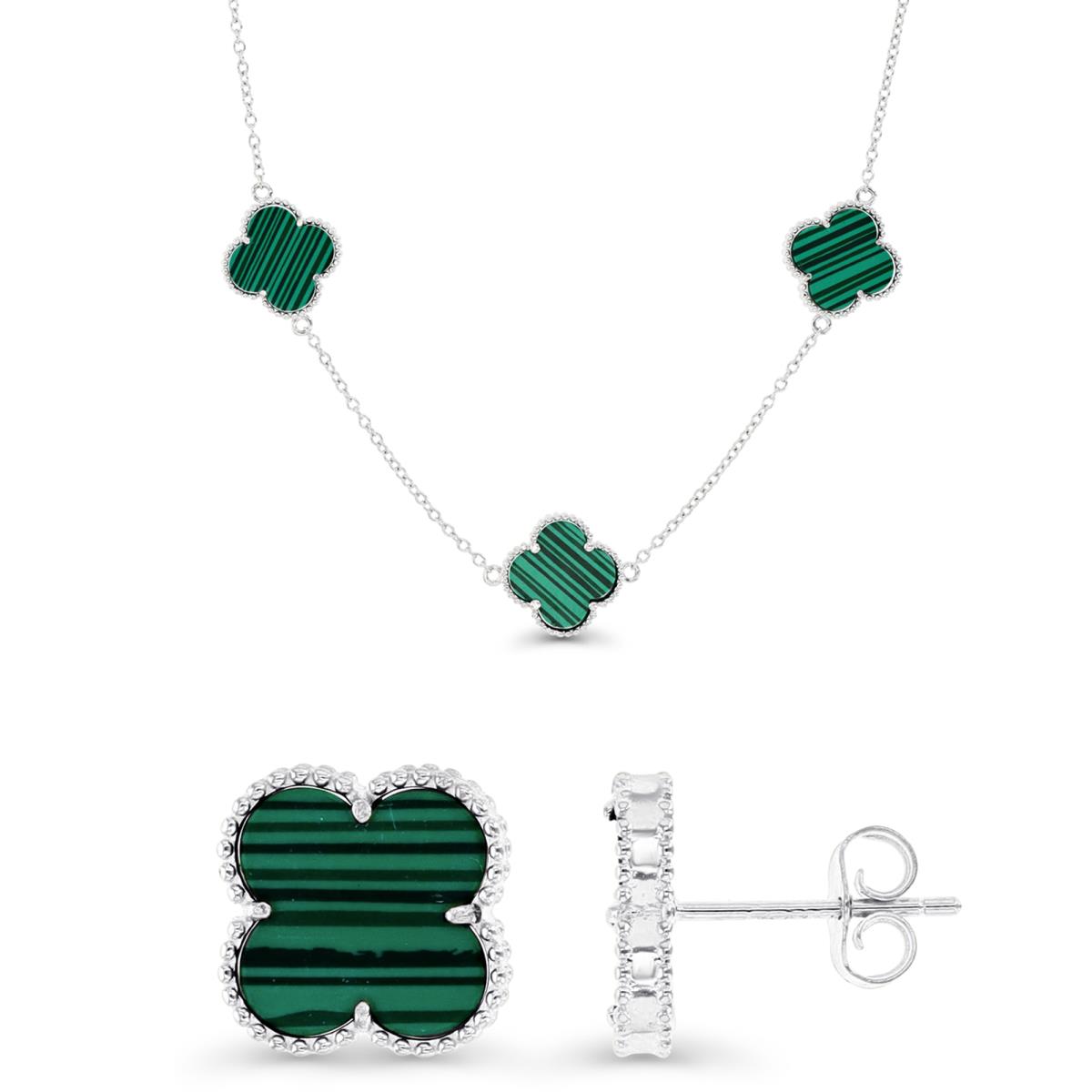 Sterling Silver Rhodium & Malachite 13.5MM Clover Stud Earrings and Station Necklace Set