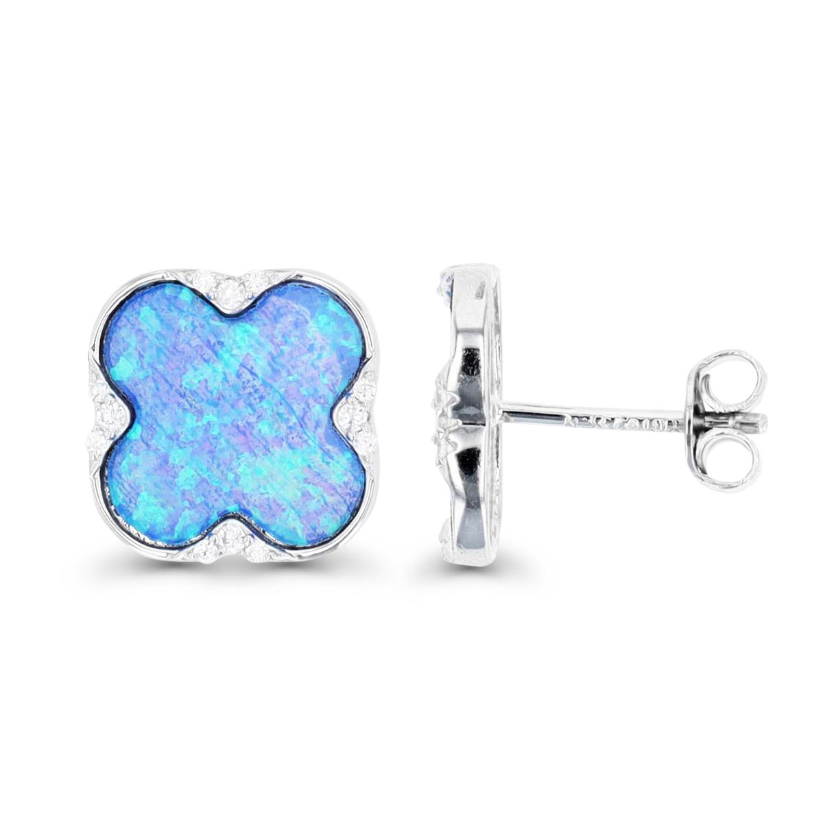 Sterling Silver Rhodium & Cr. Blue Opal and White CZ Clover Stud Earring