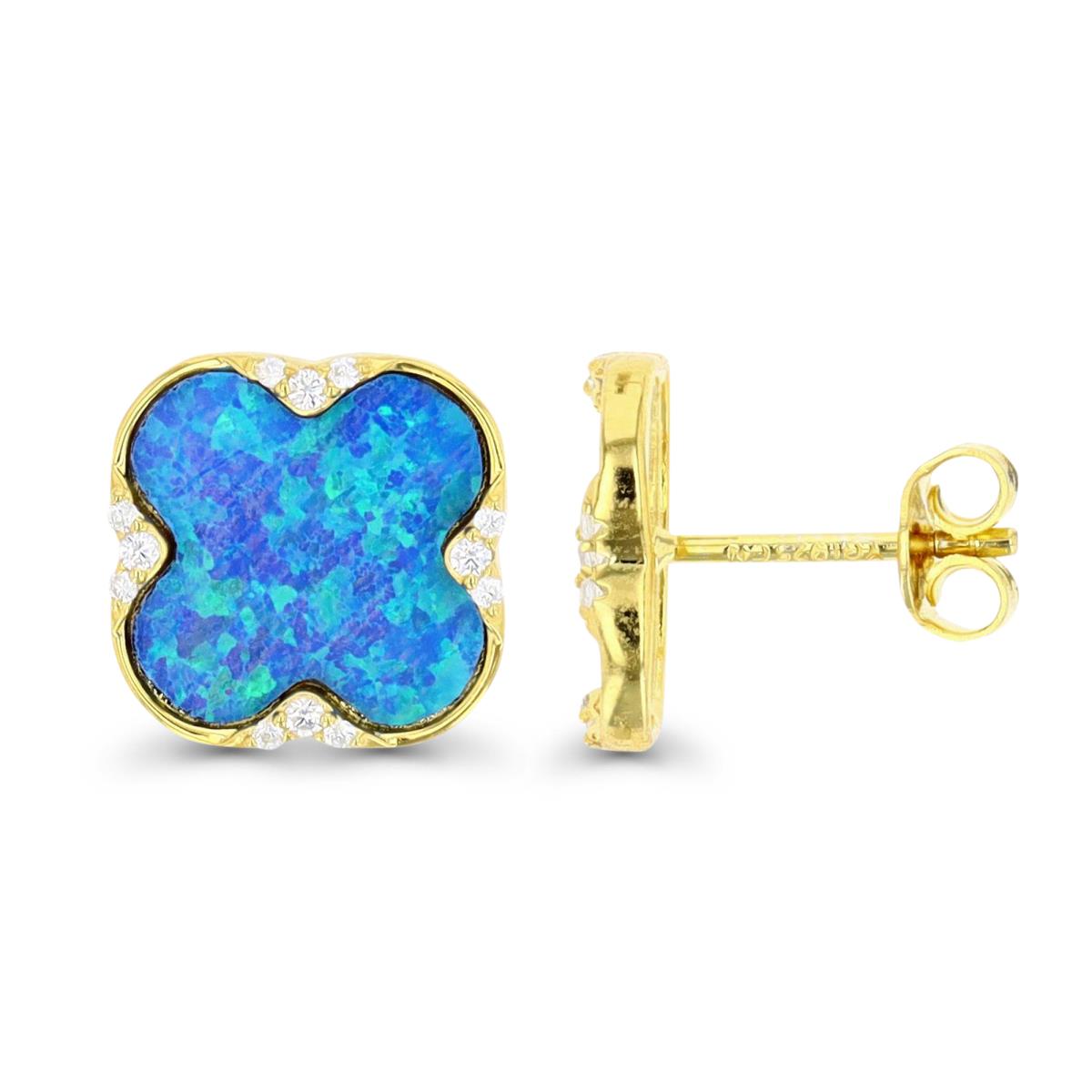 Sterling Silver Yellow 1M & Cr. Blue Opal and White CZ Clover Stud Earring