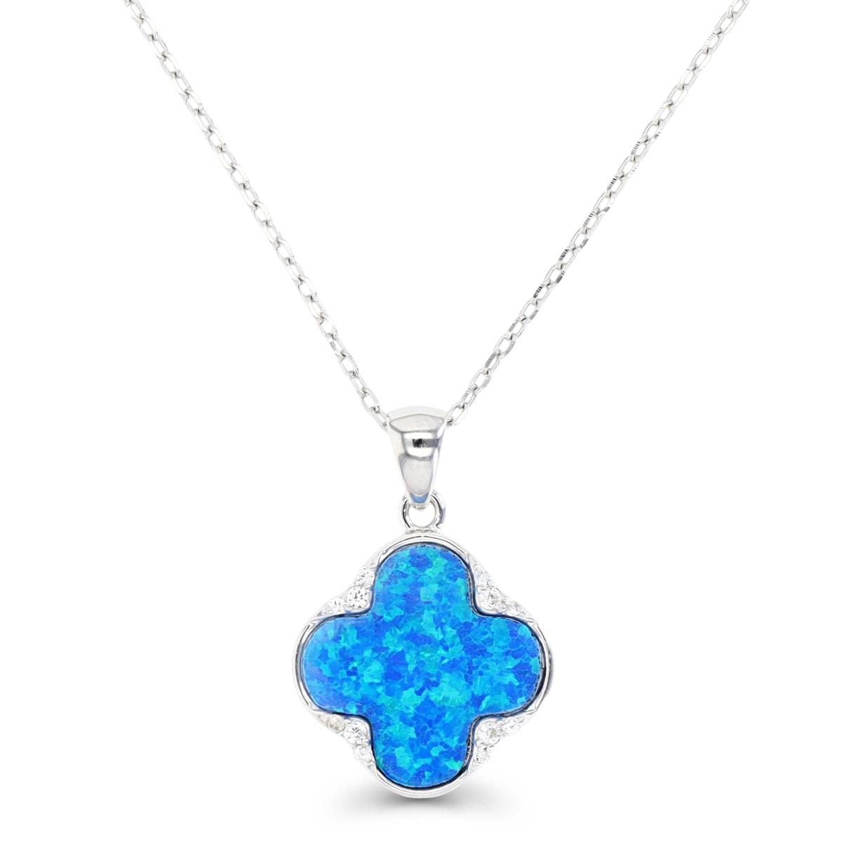 Sterling Silver Rhodium & Cr. Blue Opal and White CZ Clover 16+2" Necklace