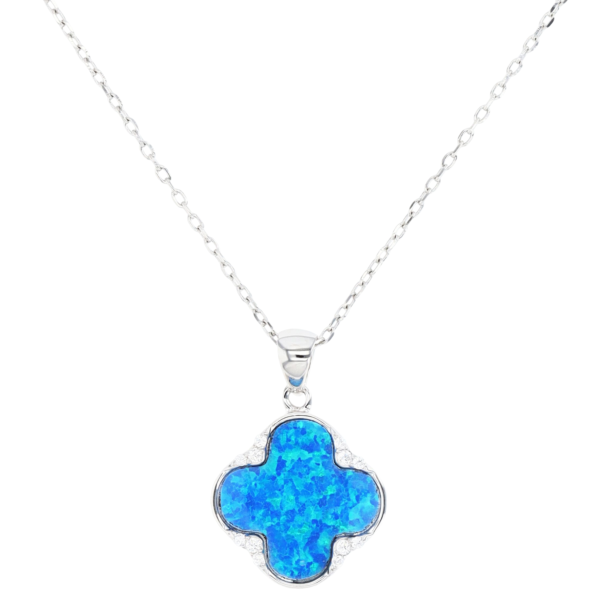 Sterling Silver Rhodium & Cr. Blue Opal and Cr. White Sapphire Clover 16+2" Necklace